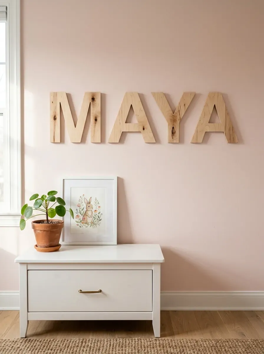 Birch wood name sign mounted on blush wall above white dresser in a children's bedroom
