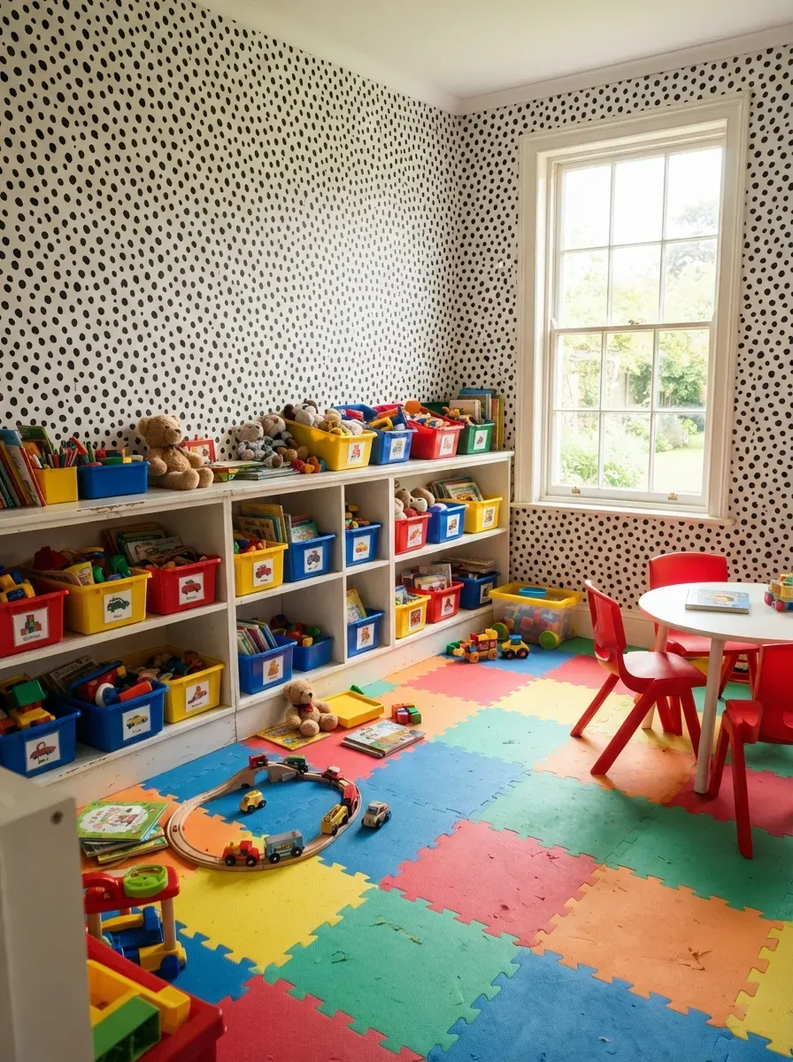 Cheerful children's playroom with black and white dalmatian spot wallpaper on all walls