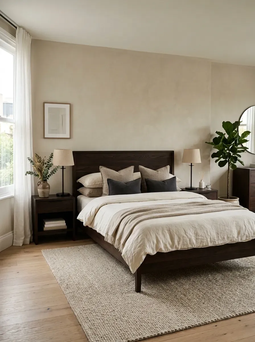 Dark wooden bed with cream bedding and warm neutral accents in a luxurious bedroom