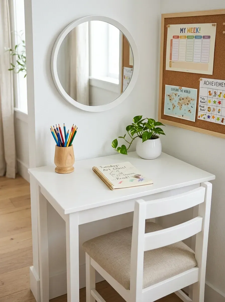 White wooden children's desk with pinboard, pencil organizer, and small plant in natural light