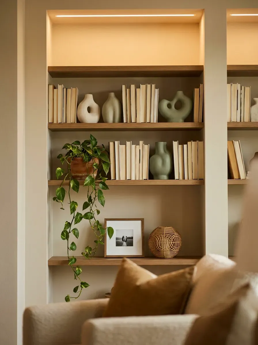 Classy living room bookshelf with spine-in books ceramic sculptures trailing plant and warm light