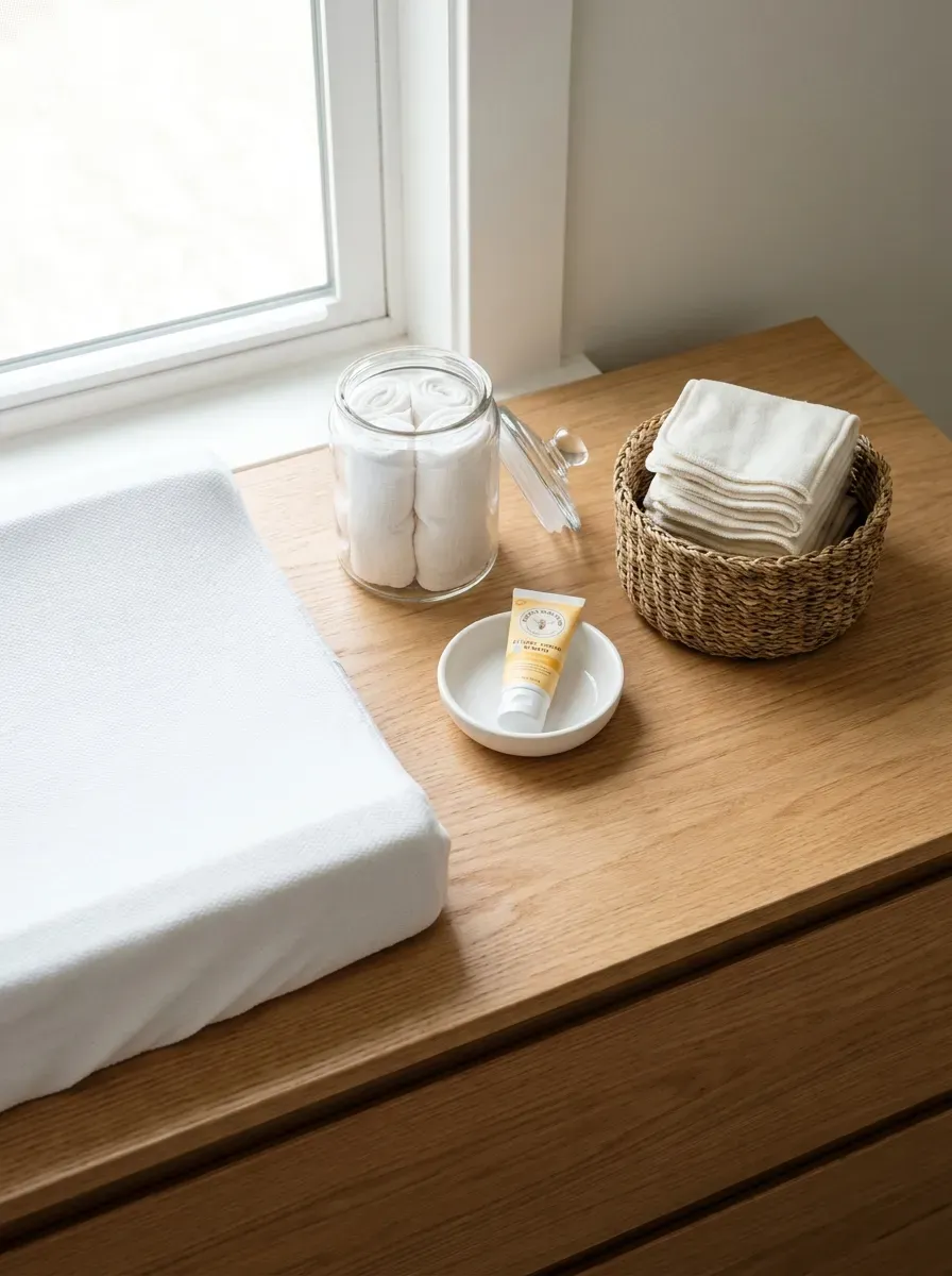 Organized changing table surface with glass wipe jar, ceramic dish, and cloth diapers in basket