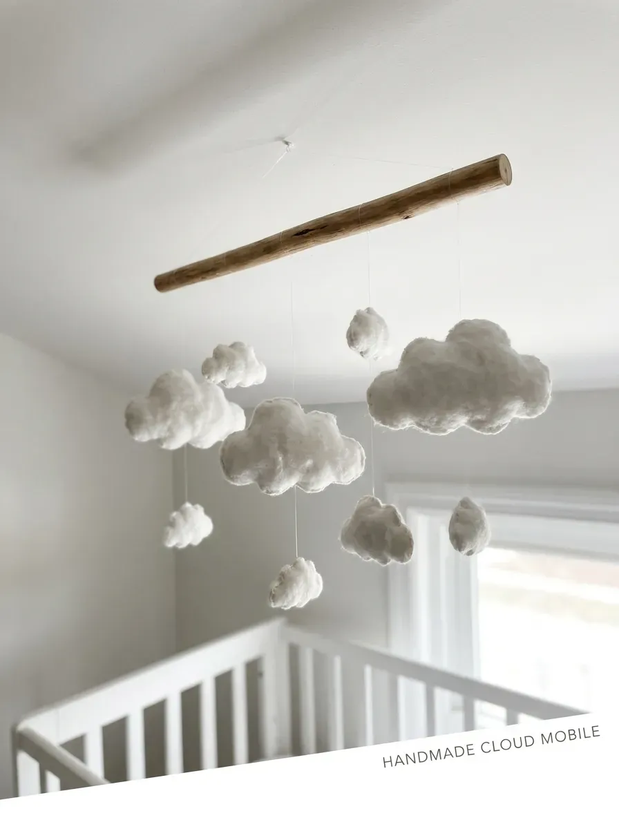 Handmade white cotton batting cloud mobile hanging above white crib against clean ceiling