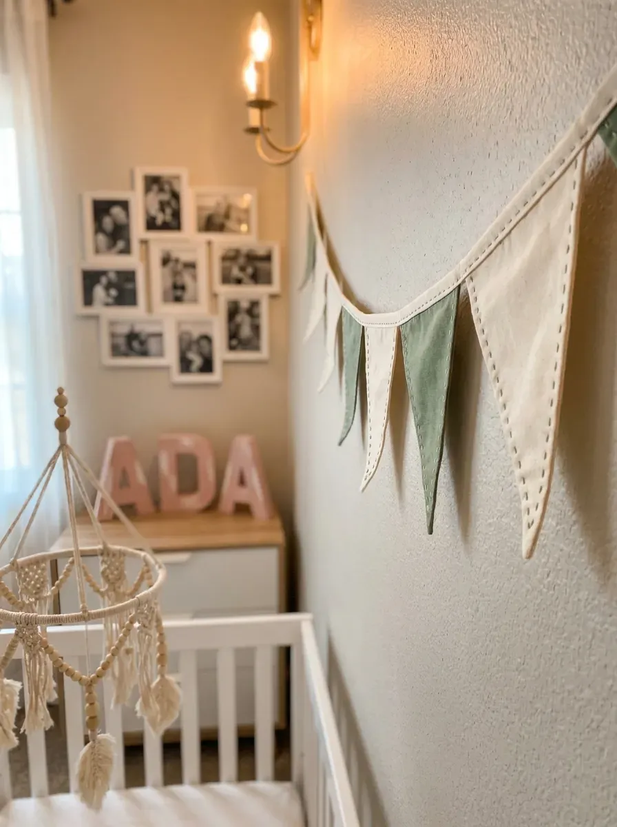 Handmade nursery decor with painted wooden letters, fabric banner, and handcrafted mobile