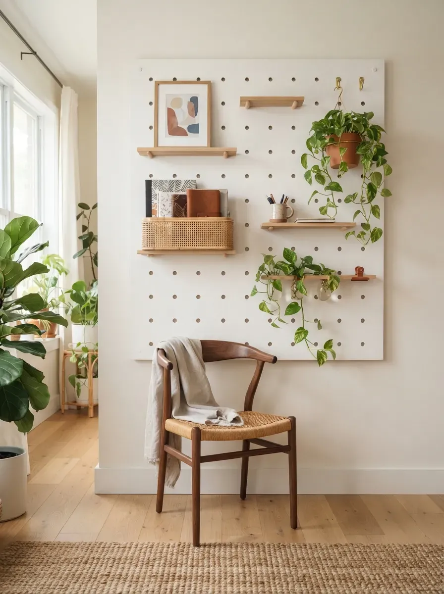 White-painted pegboard with wooden shelves, hooks, and plants in modern living room nook