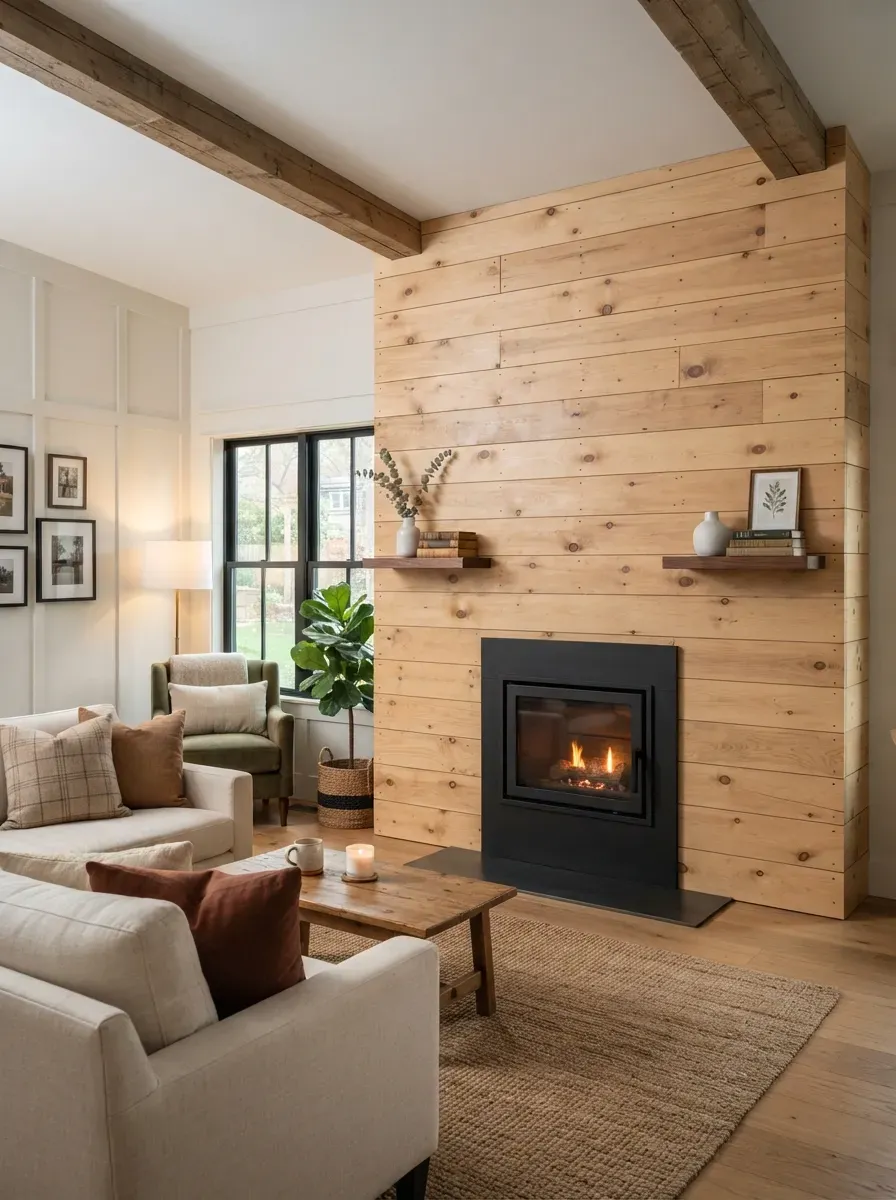 Floor-to-ceiling horizontal light-stained pine plank wall with black fireplace insert