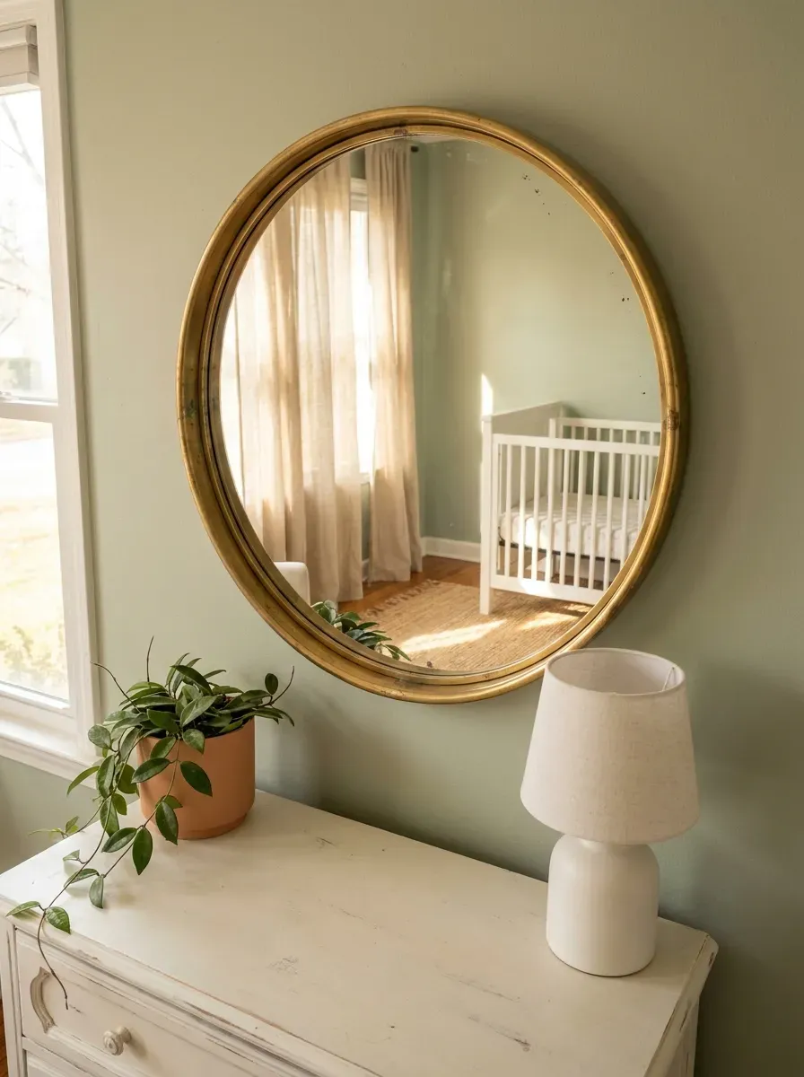 Round brass-framed mirror above white dresser reflecting crib and sheer curtains in sage nursery
