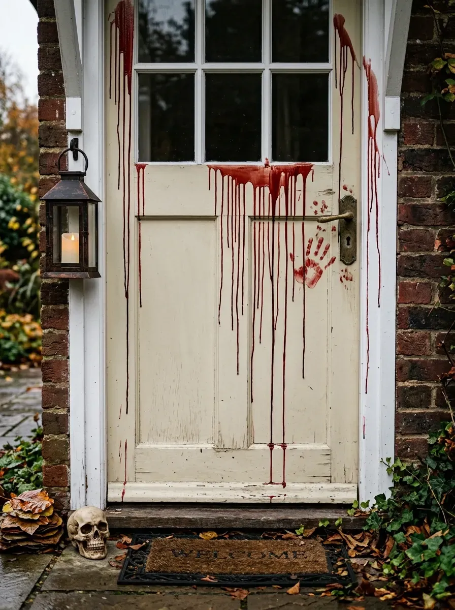 Red fake blood drips across light front door with chilling handprint detail