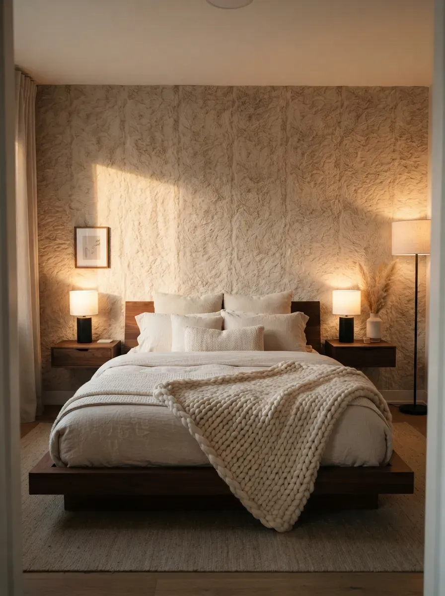 Cozy bedroom with warm beige faux fur texture wallpaper and chunky knit bedding
