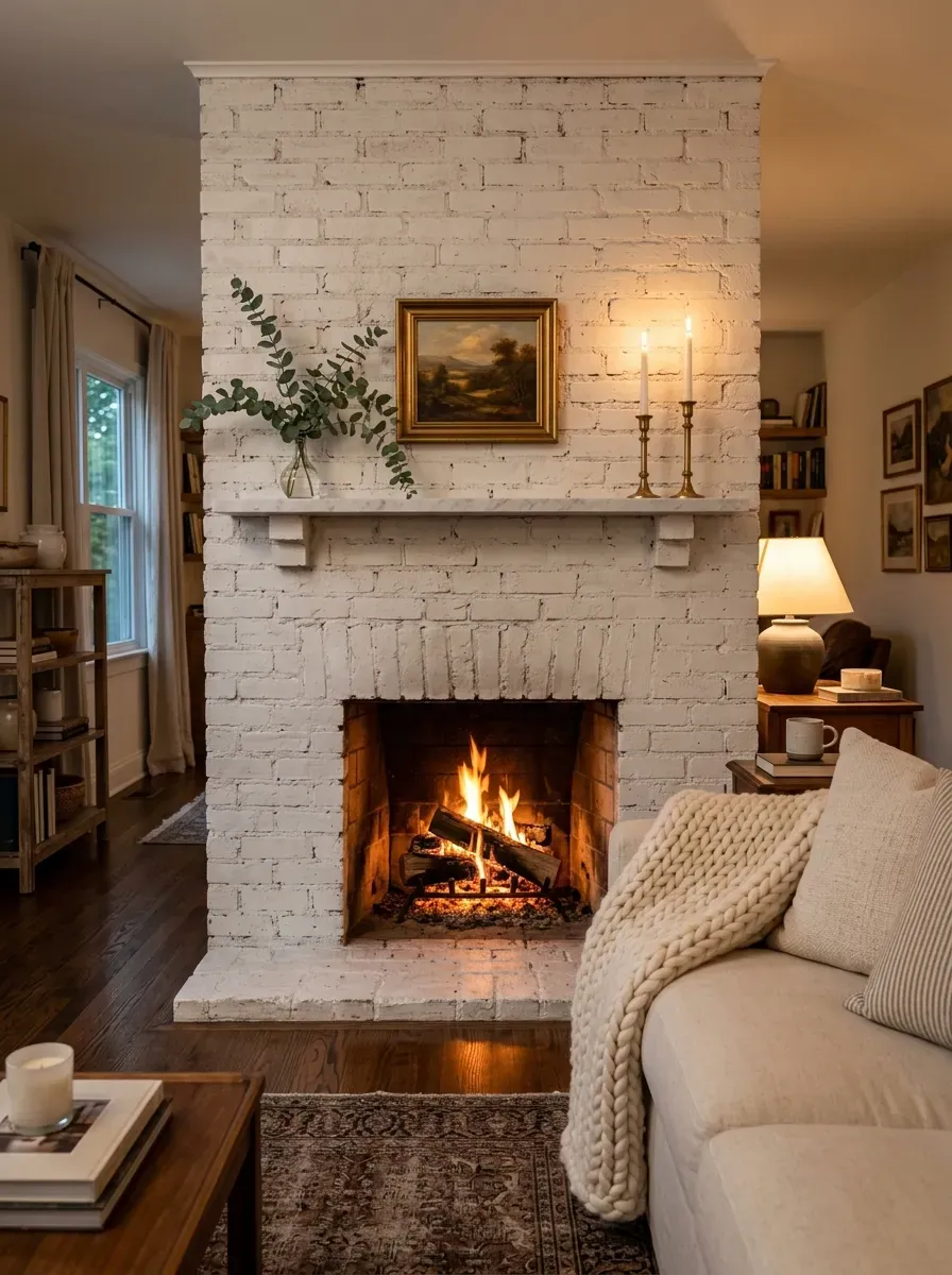 Classy living room with white brick fireplace marble mantel brass candlesticks and eucalyptus sprig