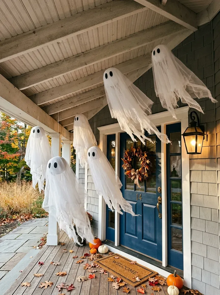 Fabric ghosts float above doorway with simple eyes, tulle, lantern, and leaves