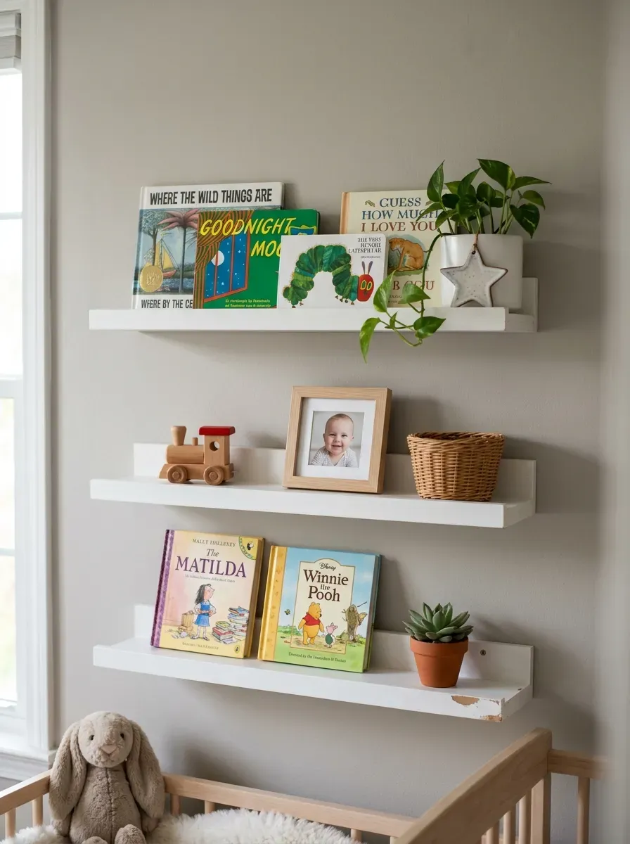 Three white floating shelves with styled books, plants, and toys on a grey bedroom wall