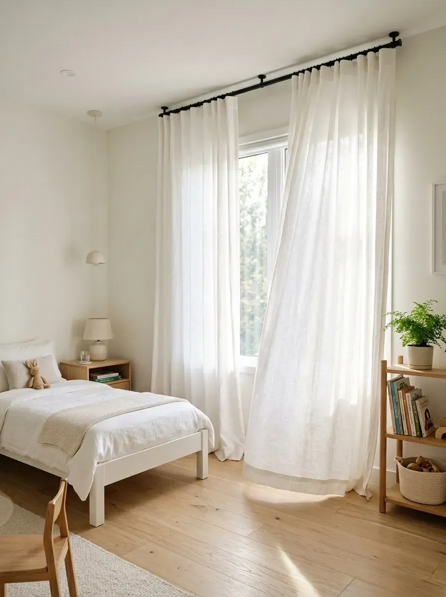 White linen floor-to-ceiling curtains billowing gently in a bright children's bedroom