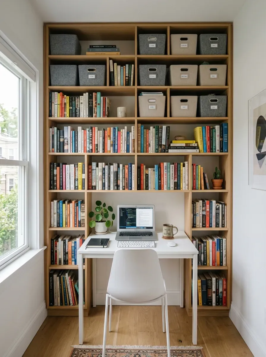 A small home office with floor-to-ceiling open shelving covering one full wall with books and bins