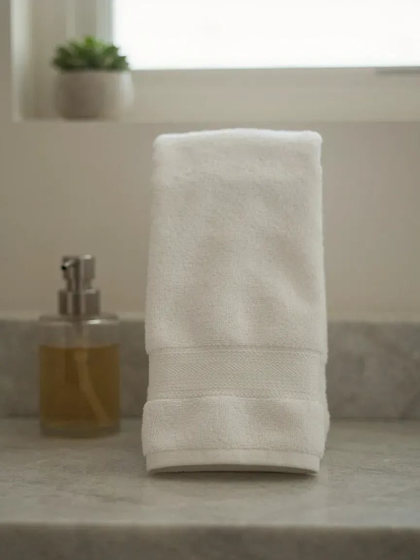 Neatly tri-folded white linen hand towel displayed on clean grey stone bathroom counter