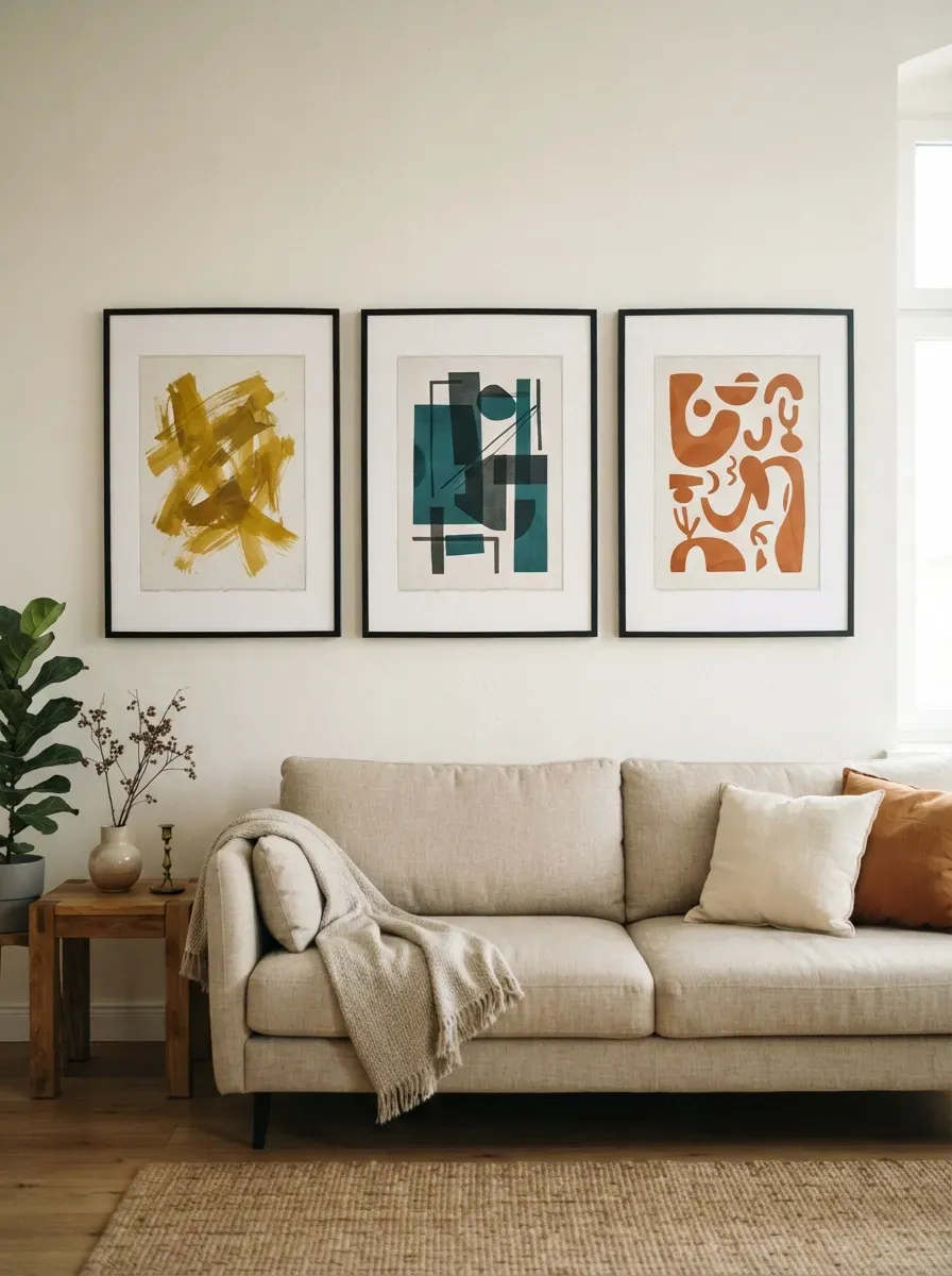 Three large black frames with bold abstract prints in mustard, teal, and orange above neutral sofa
