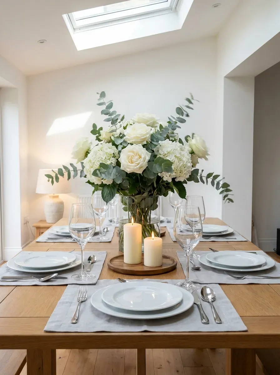 Elegant dinner table finished with fresh white flowers, eucalyptus, candles, and crystal glasses