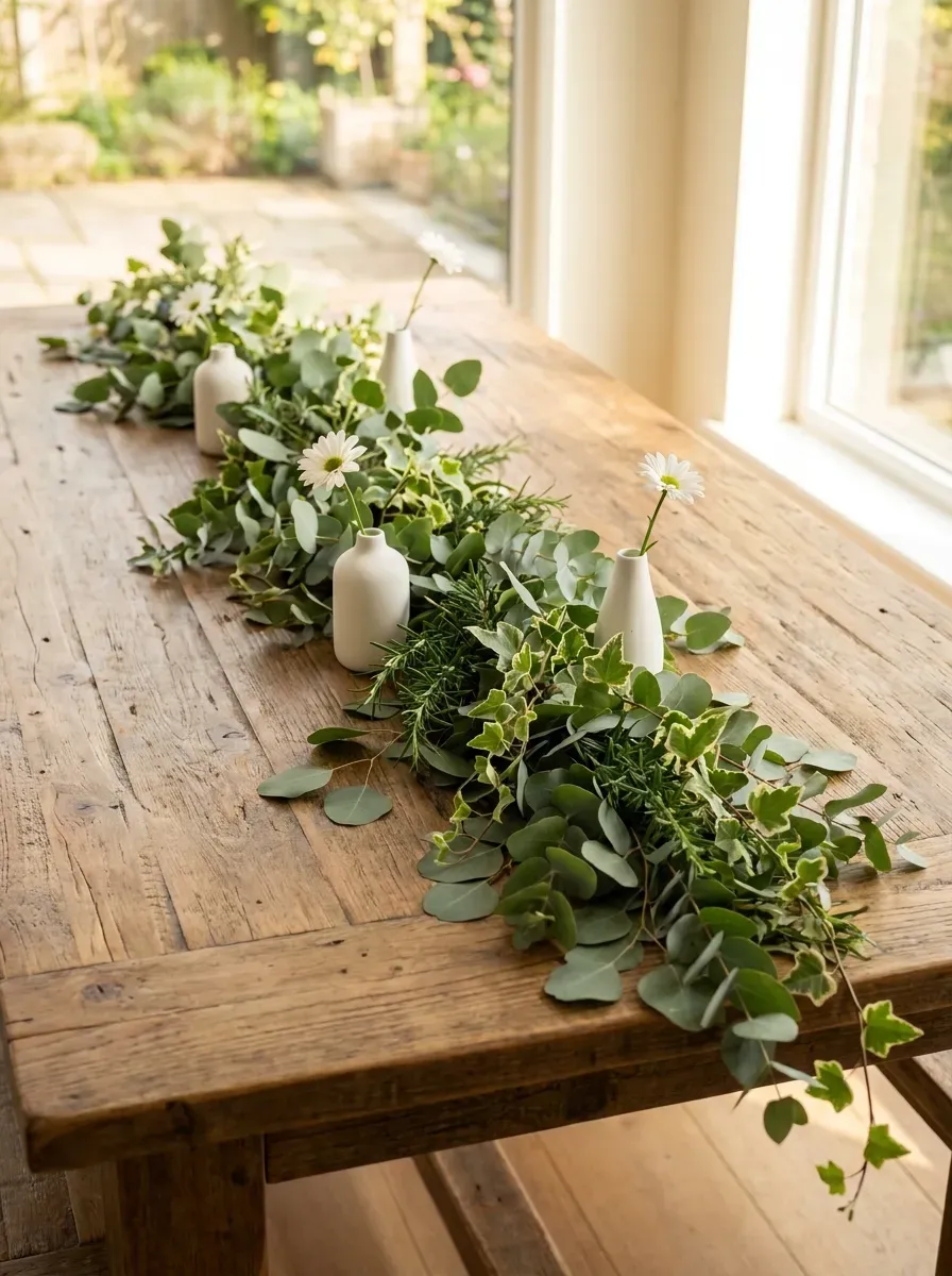 Long dining table with lush eucalyptus and rosemary garland down the center