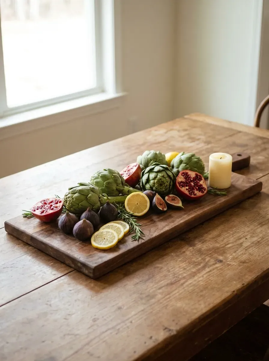 Rustic centerpiece with artichokes, figs, pomegranates, and lemons on wooden board