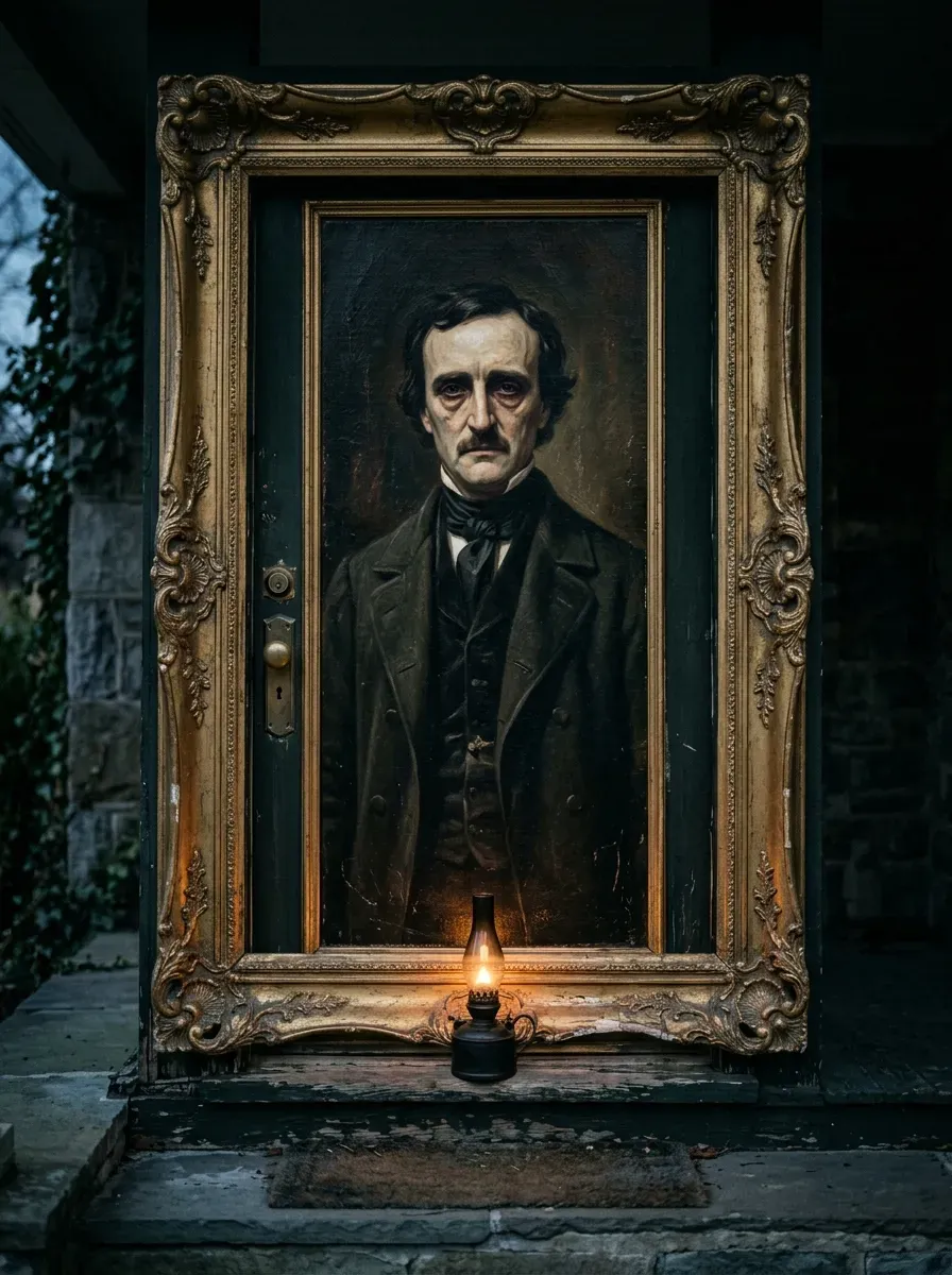 Victorian haunted portrait covers front door with ornate molding and eerie lighting