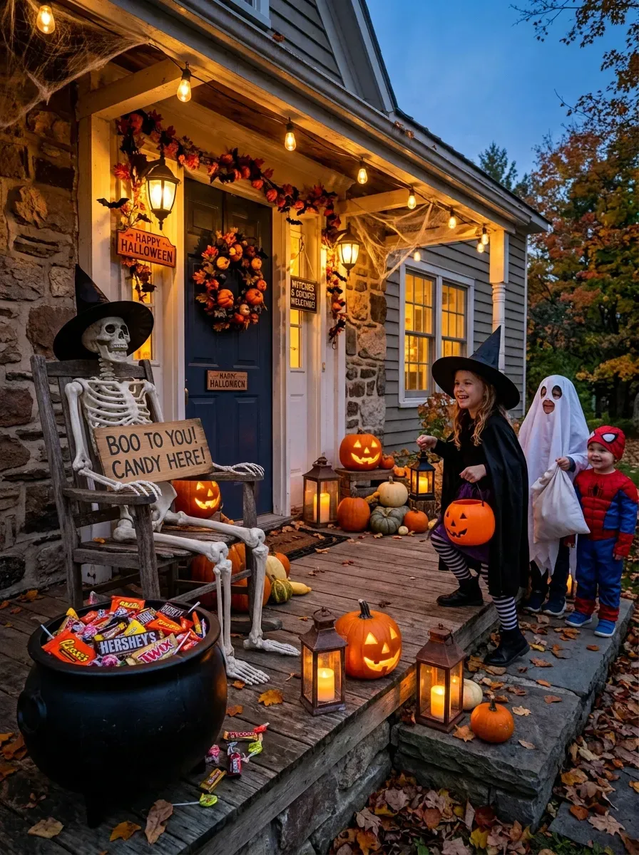 Welcoming Halloween porch with candy cauldron skeleton pumpkins lanterns trick-or-treaters