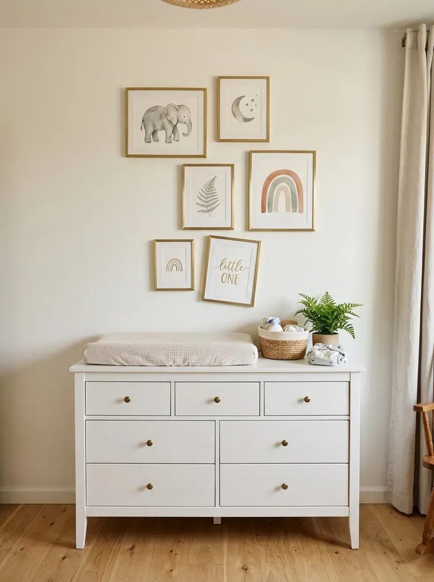 Clustered brass-framed nursery art prints above white changing table dresser