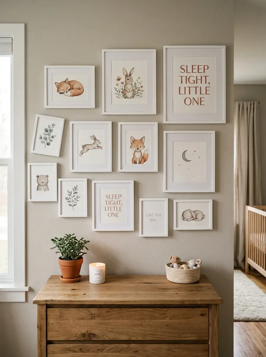 Asymmetric gallery wall with white frames and watercolor prints above a wooden dresser