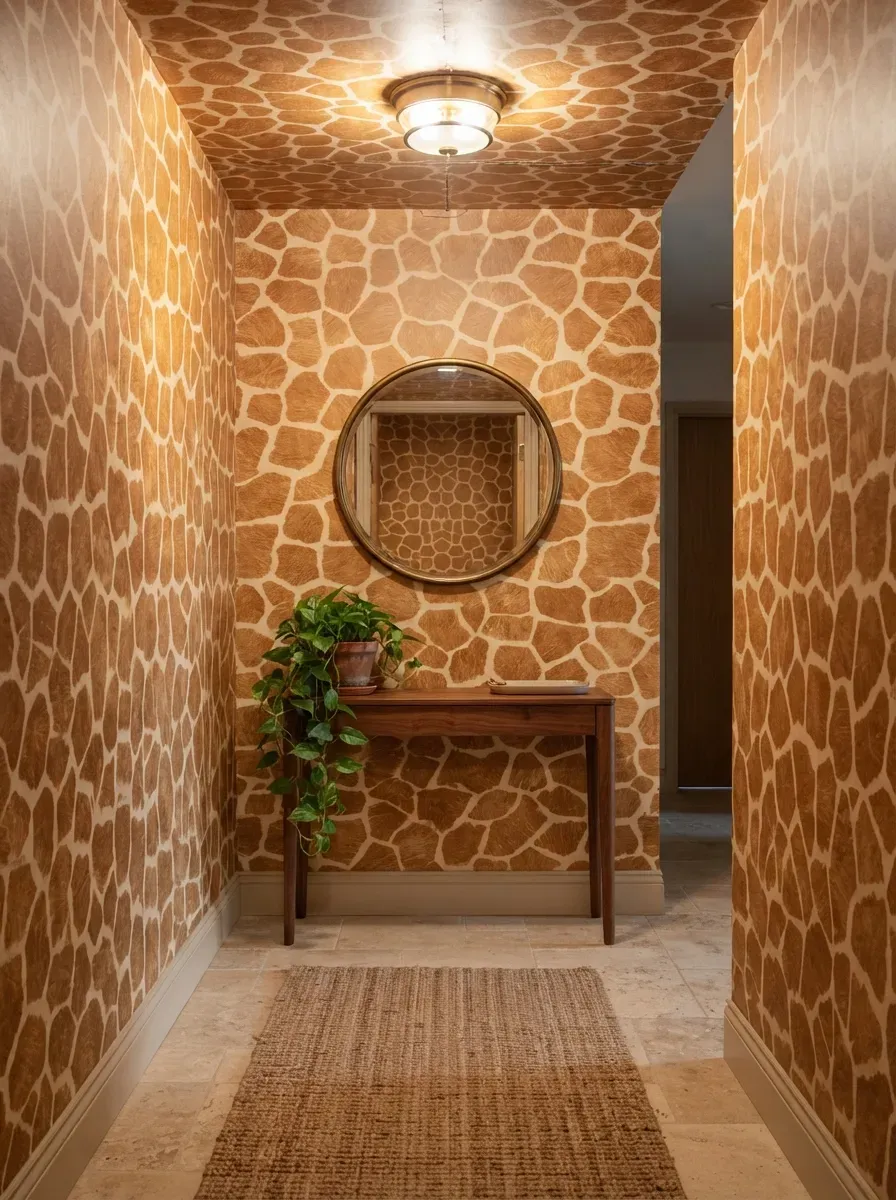 Narrow home entryway with warm golden-brown giraffe print wallpaper floor to ceiling