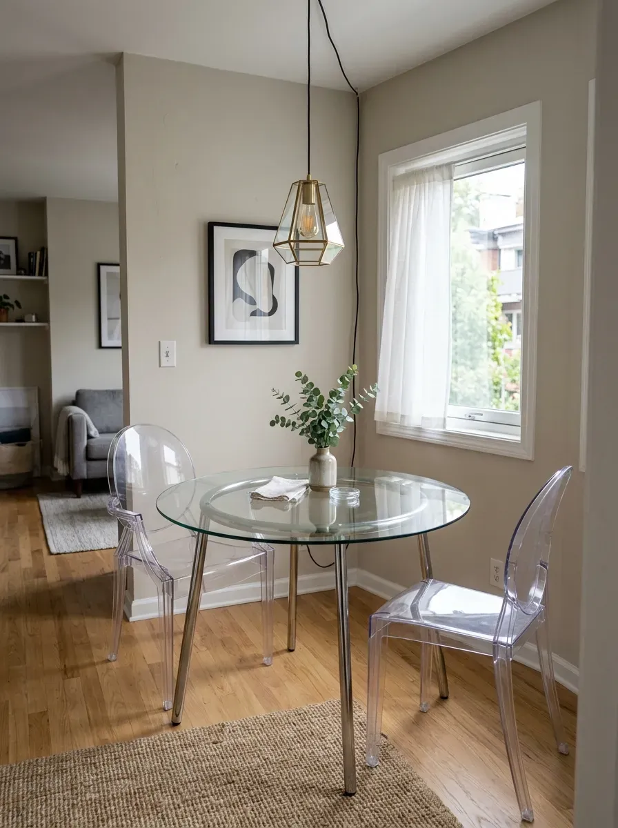 A small dining area with a round glass table and acrylic ghost chairs looks open and spacious