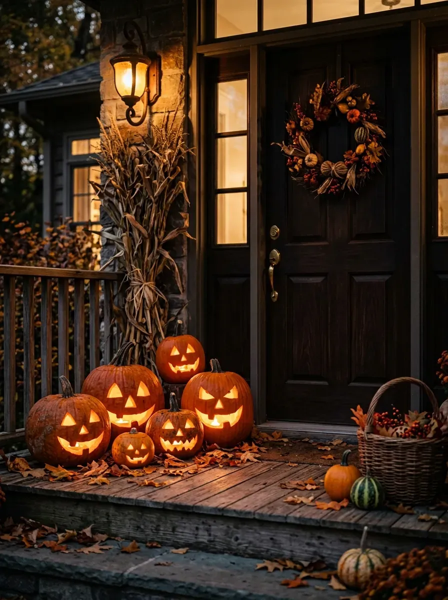 Glowing carved pumpkins clustered beside a decorated Halloween front door at night