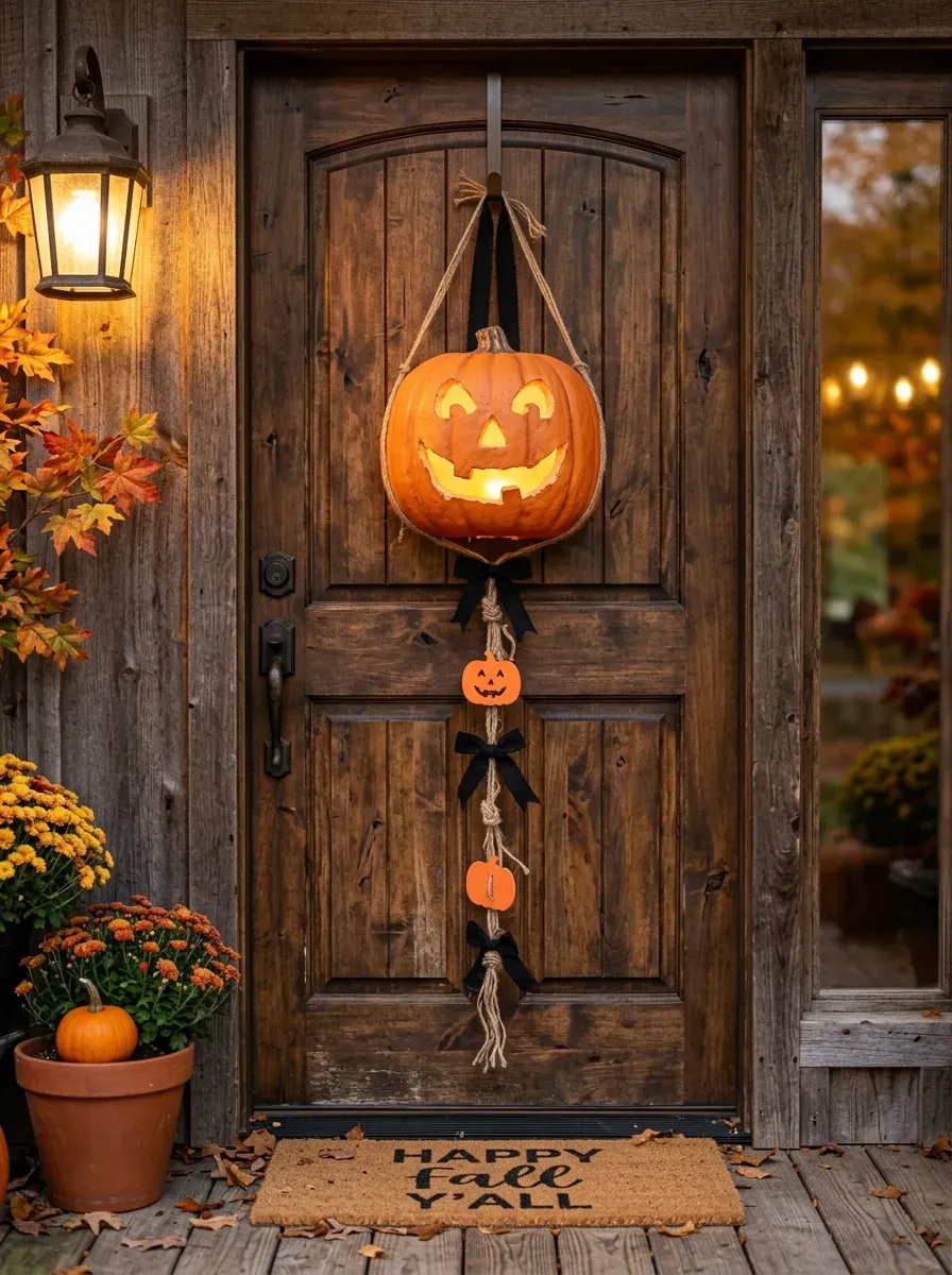 Carved glowing pumpkin hangs at eye level above cascading smaller pumpkin shapes