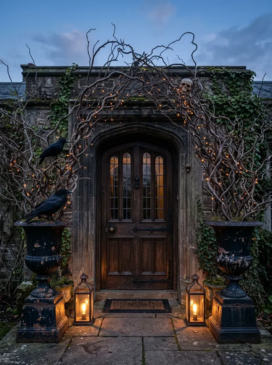 Twisted black branches create gothic archway around dramatic Halloween front door