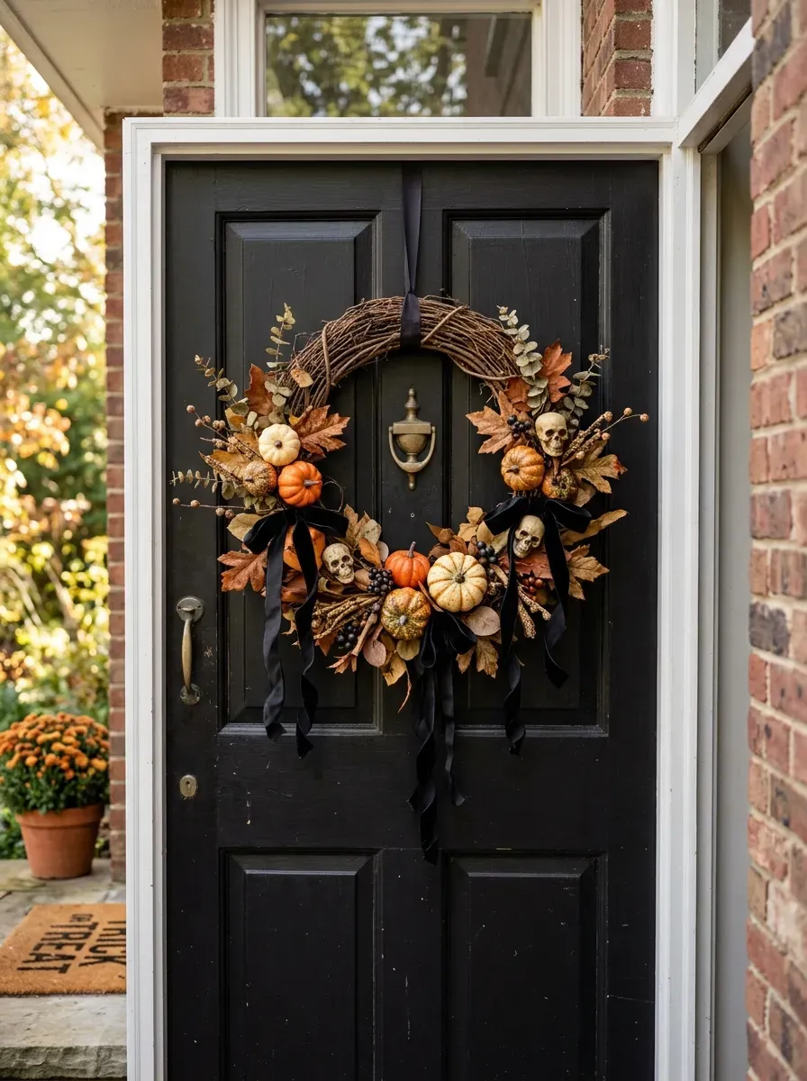 Black front door with handmade Halloween wreath pumpkins ribbons eucalyptus skulls leaves