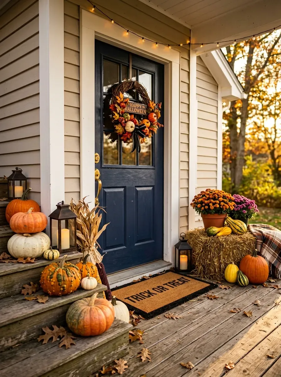 Charming Halloween porch with pumpkins lanterns hay bales mums welcome mat
