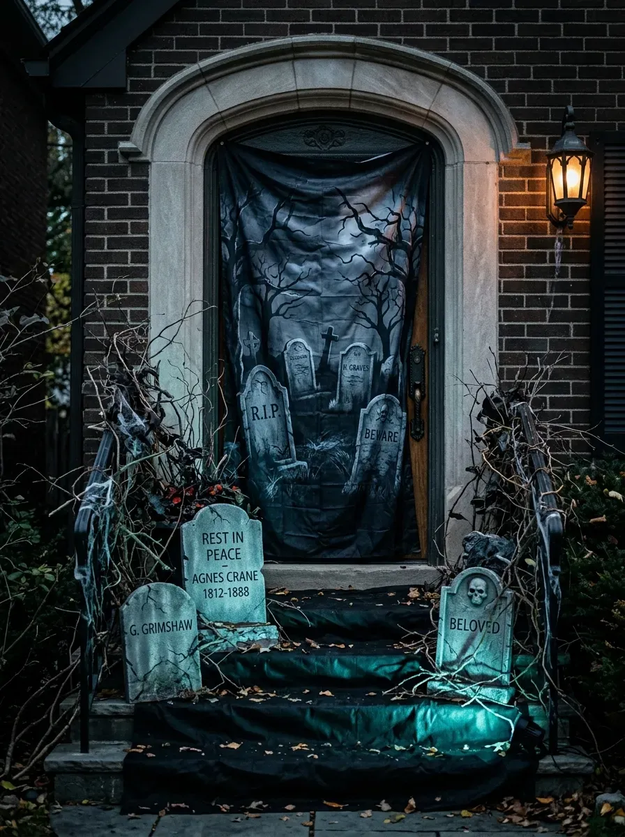 Haunted cemetery door scene with tombstones, bare branches, and eerie colored lighting