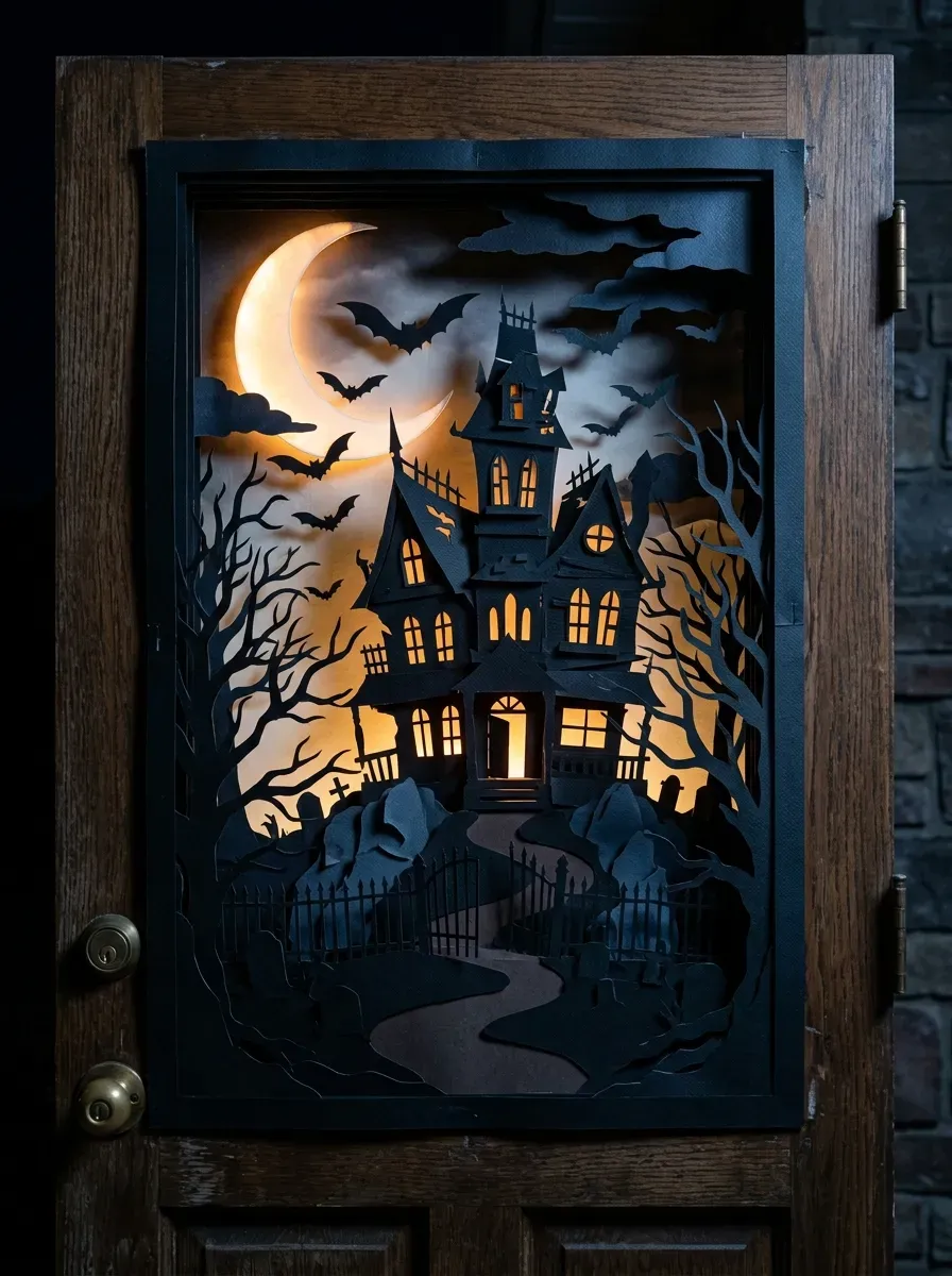 Layered haunted house silhouette glows with moon, windows, trees, and flying bats