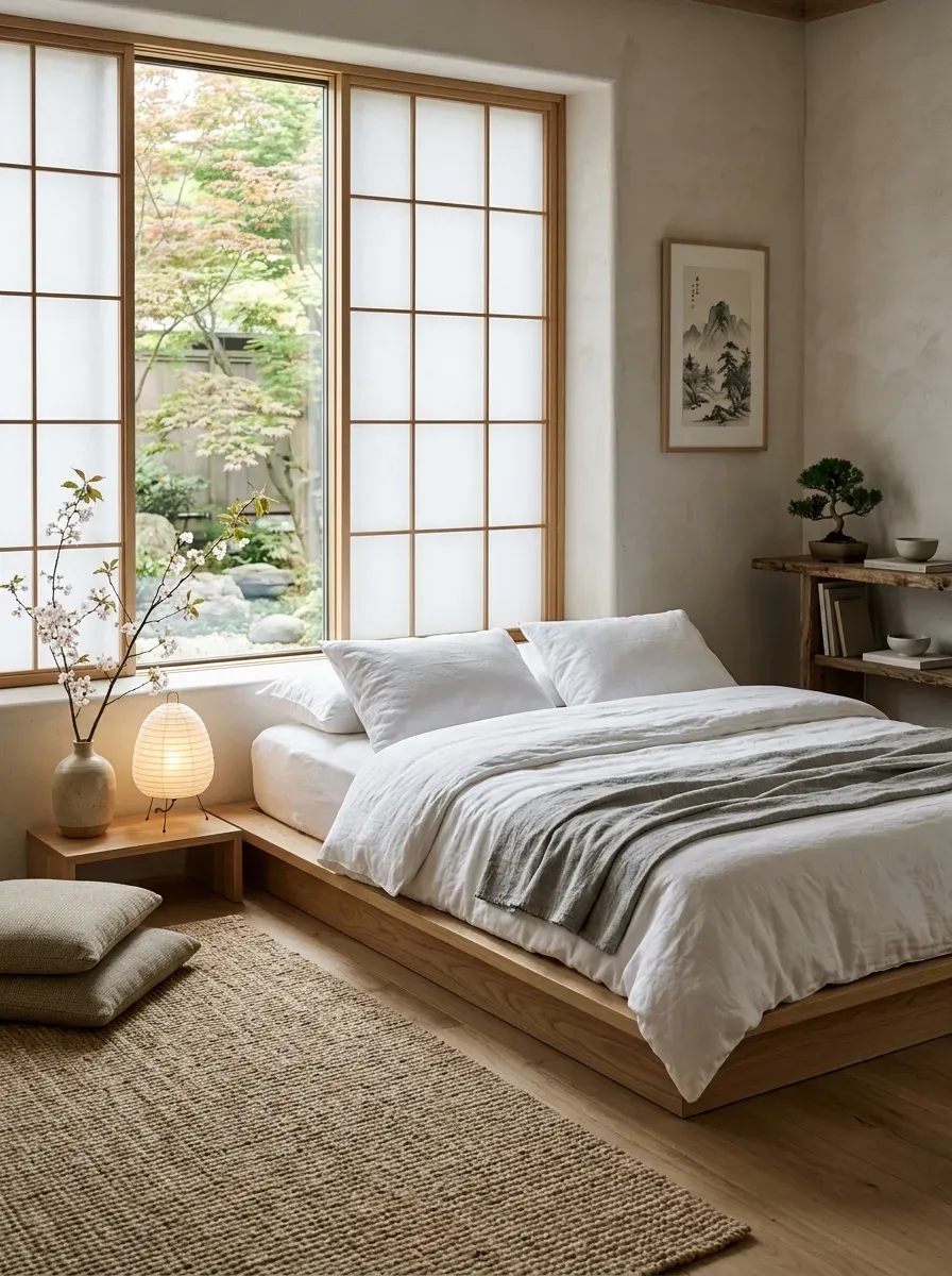 Japanese-inspired low wooden platform bed with serene natural bedroom styling