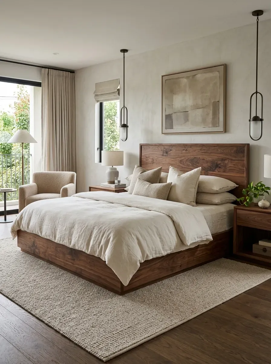 King wooden bed showcasing natural grain with cream bedding and refined neutral decor