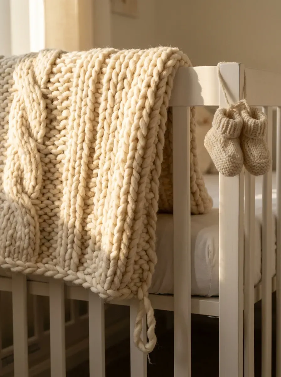Chunky cream knit throw draped over crib railing with baby booties on corner post