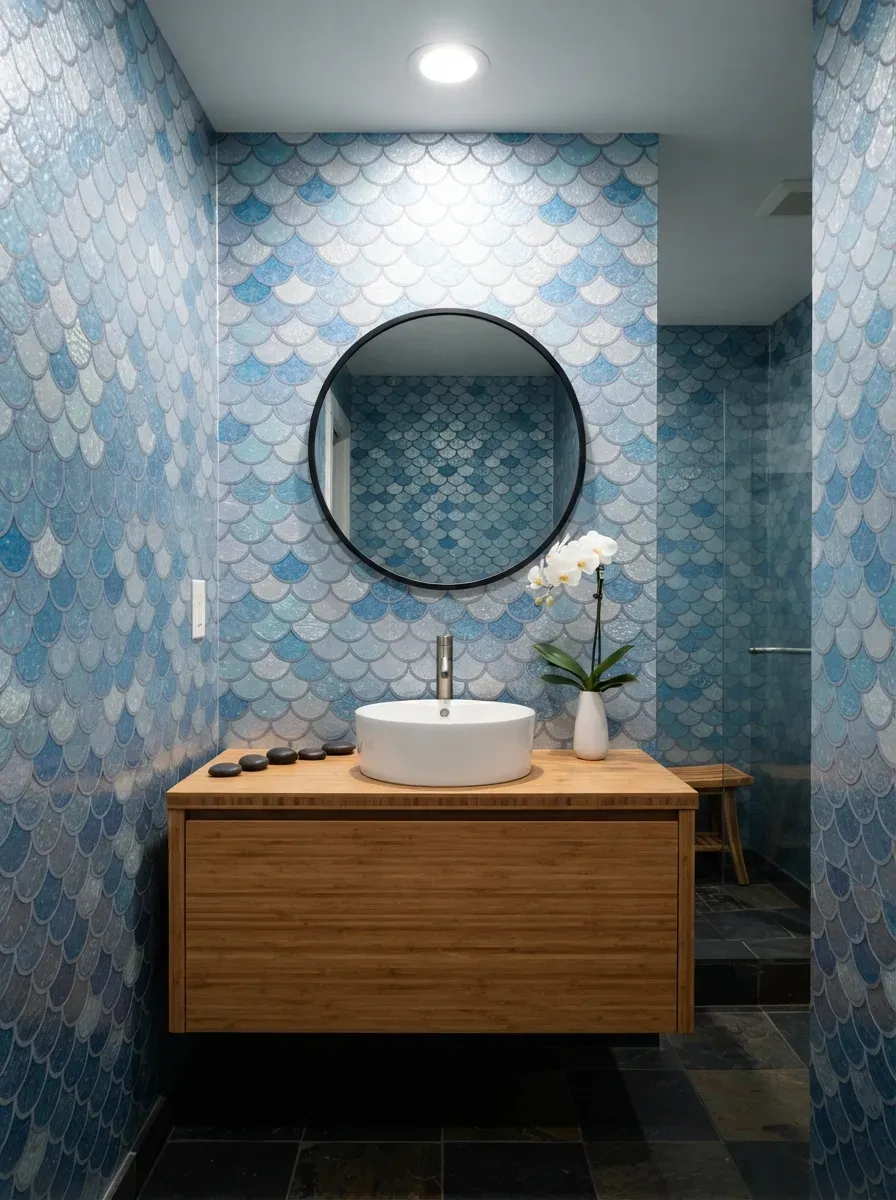 Serene bathroom with iridescent blue and silver koi fish scale pattern wallpaper