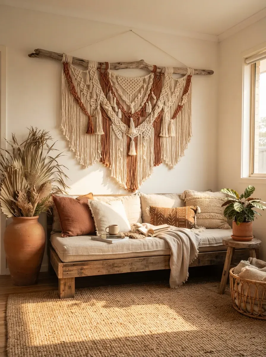 Cream and rust macramé tapestry hanging above wooden sofa in bohemian living room
