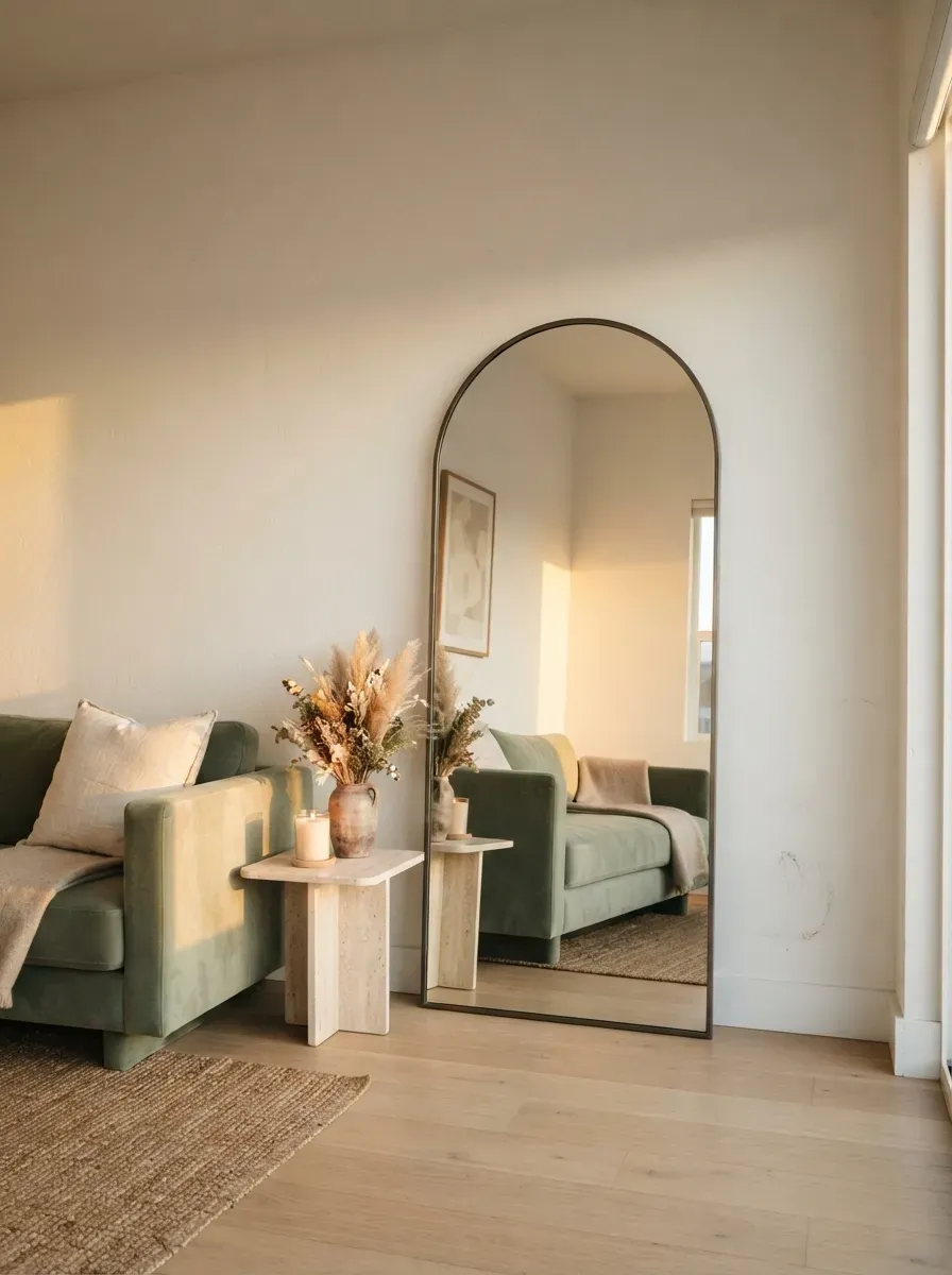 Large round arched mirror leaning against white wall beside sage velvet sofa