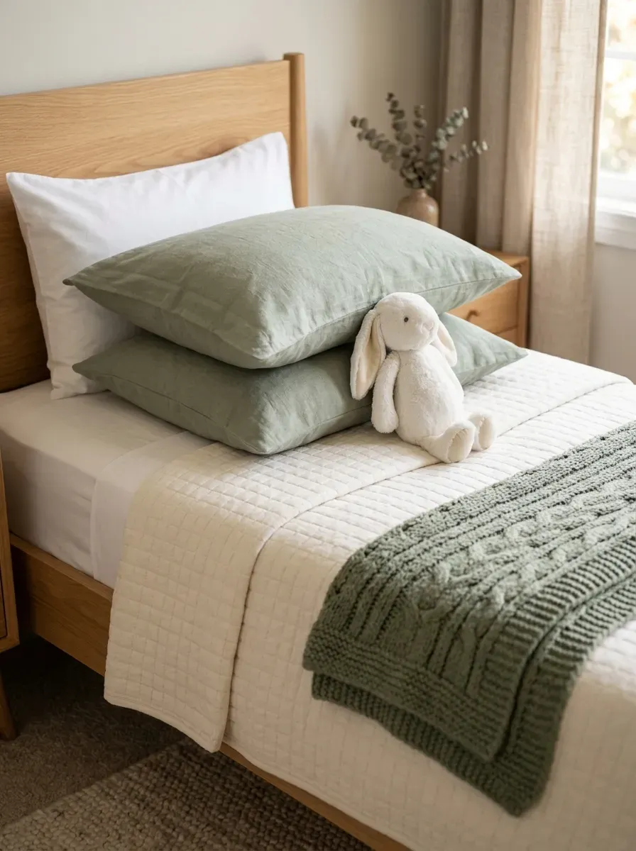 Child's bed with layered white and sage linen bedding, knit throw, and plush pillows