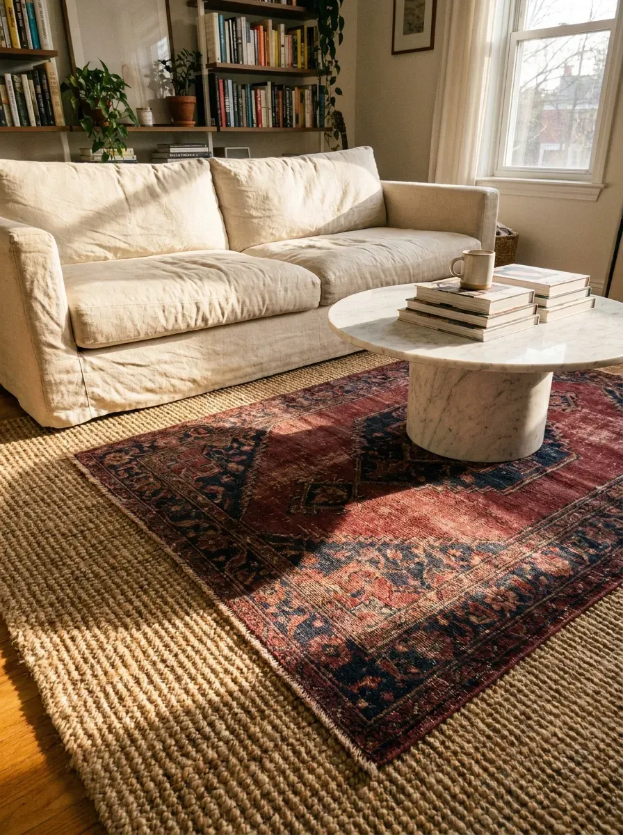 Classy living room with large jute base rug and vintage Persian rug layered beneath sofa