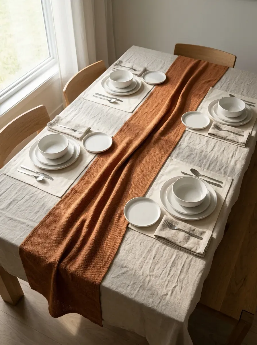Dinner table showing layered linen tablecloth, rust runner, and cream placemats