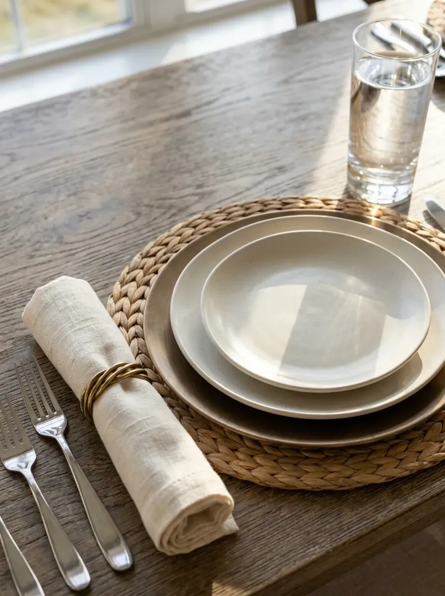 Close-up of beautifully layered dinner table setting with ceramic plates and crystal glasses