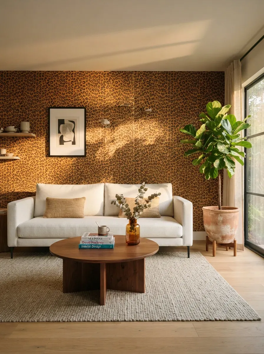 Modern living room with leopard print accent wall behind a white sofa