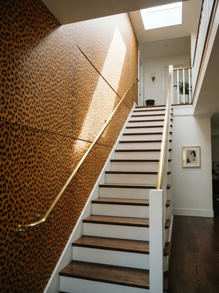 Residential staircase with leopard print wallpaper on the wall alongside the stairs