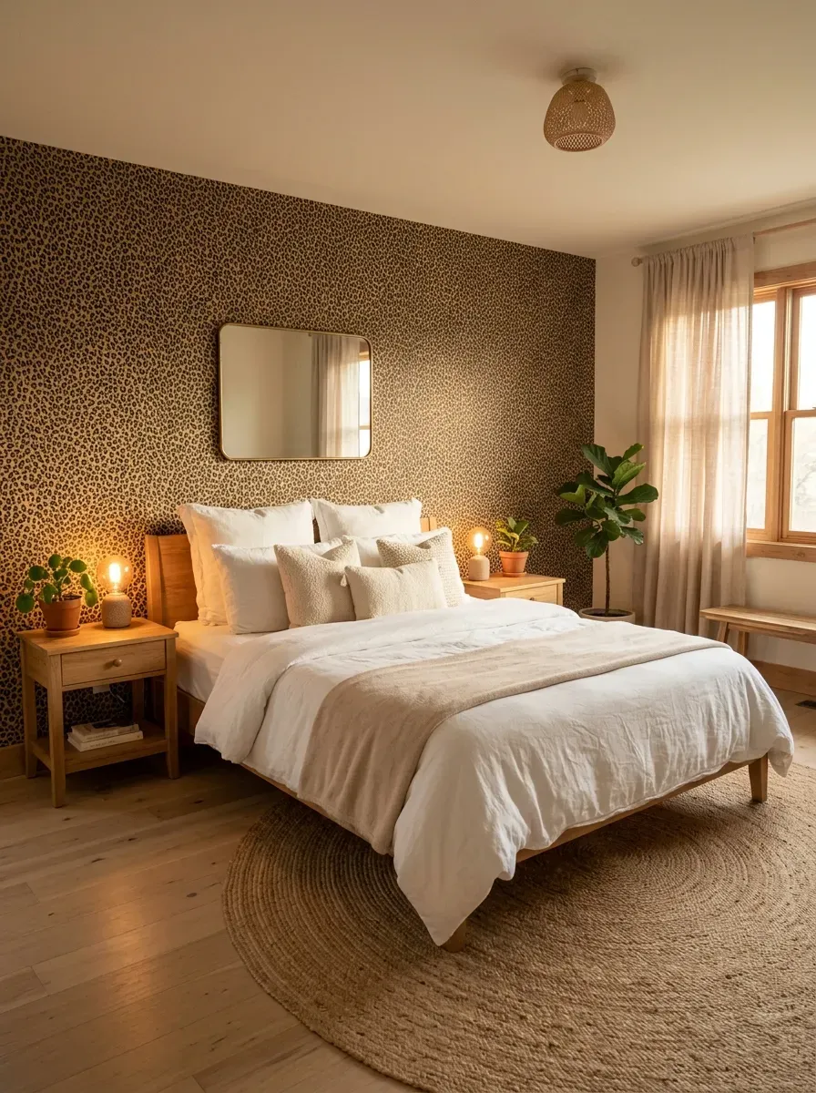 Cozy bedroom featuring leopard print accent wall with white and beige neutral decor
