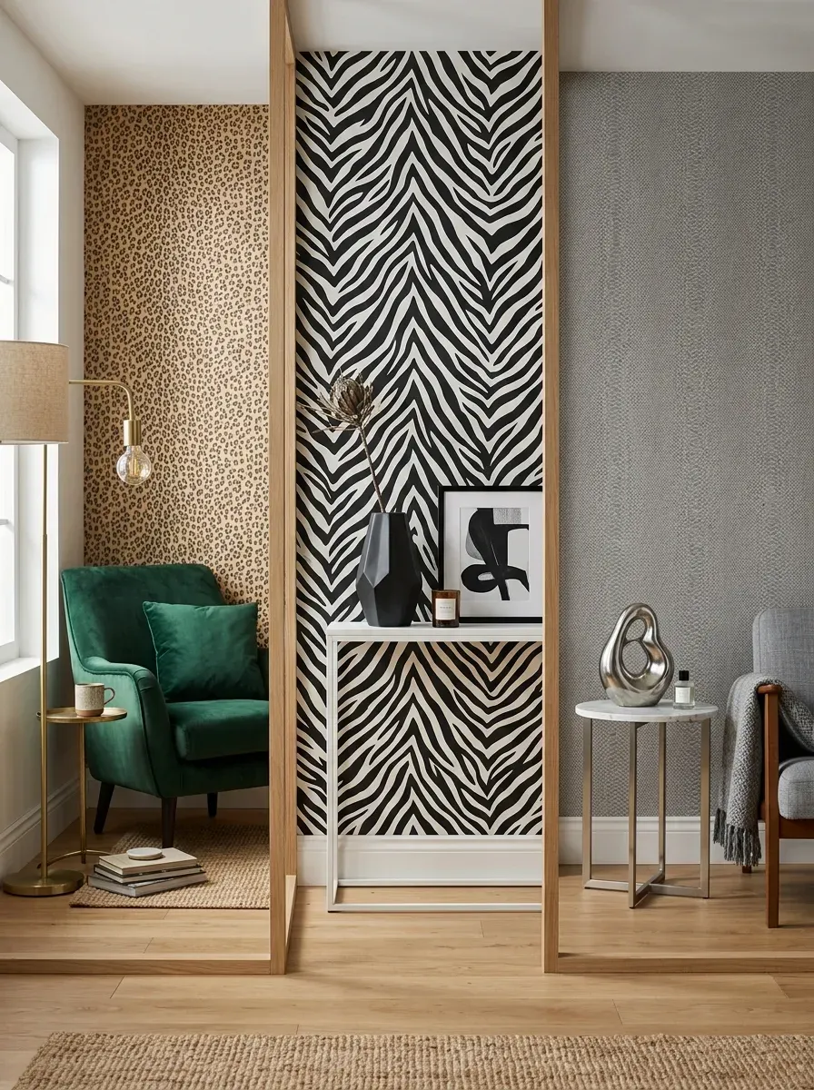 Three styled room corners showcasing leopard, zebra, and snake print wallpaper